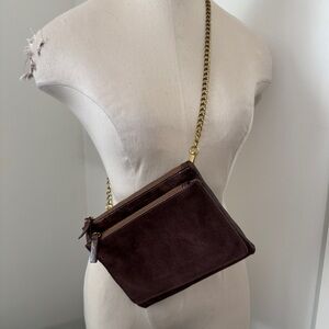 Anthropologie Brown Suede Faux Leather Crossbody Belt Bag Chain Strap